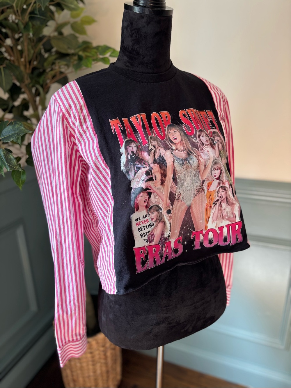Upcycled Cropped Taylor Swift Pink Striped 'Eras Tour' Graphic Long Sleeve Top